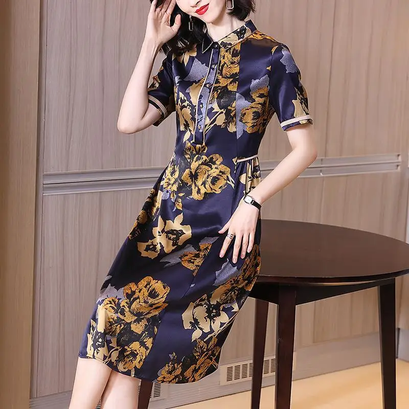 

Heavy Silk Dress Women's Spring And Summer Mulberry Silk Shirt Dress Medium Length Large Loose A-line Dress