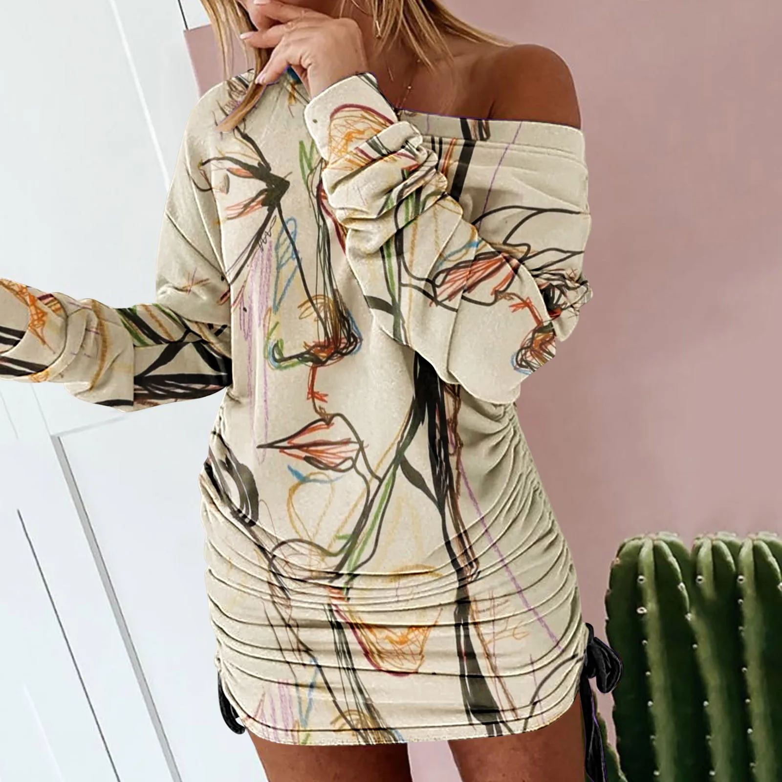 

Party Dresses Fashion Casual Women's Dress Print O-neck Off-shoulder Female Dresses Long Sleeves Sweatshirts Dress Pleated Skirt