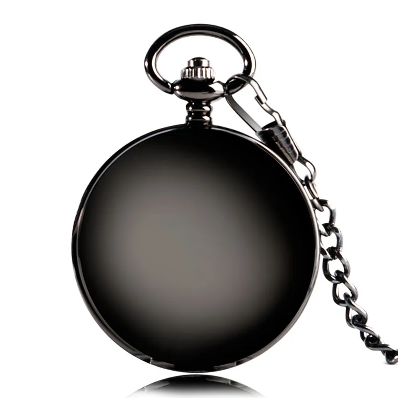 Antique Full Black Smooth Case Unisex Pocket Watch Skeleton Handwind Mechanical Clock Double Hunter Pendant Chain Roman Number