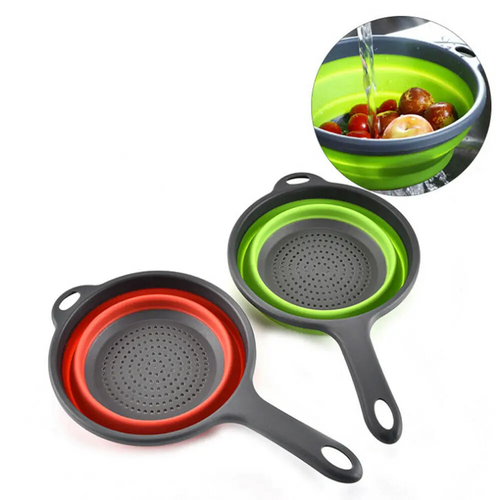 

Folding With Handle Silicone Plastic Colander Drain Basket Fruit Vegetable Washing Strainer Drainer Kitchen Accessories