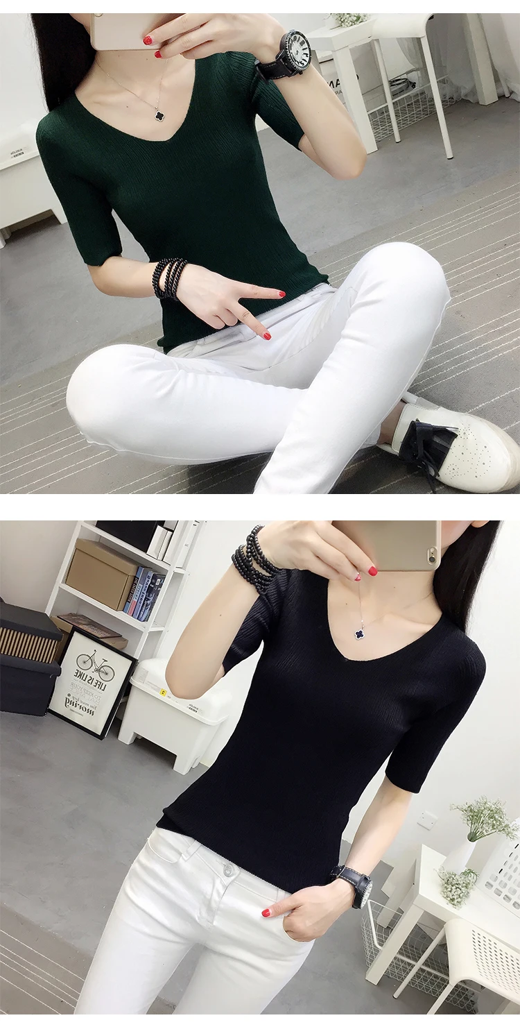 OHCLOTHINGnew style2019, короткий рукав, хлопок, круглый вырез, свитер, Женский рукав, голова, рукав, рубашка, пять, Одноцветный, плотный свитер, тонкий, ремонт