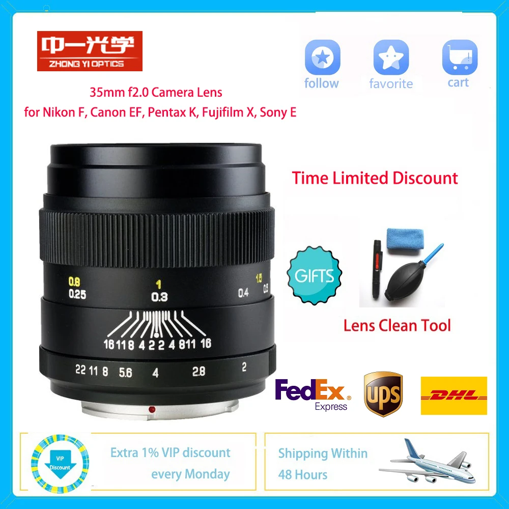 

ZhongYi 35mm F2.0 Super Macro DSLR Camera Lens Full Frame/APS-C for Nikon F Canon EF Pentax K Fujifilm X Sony E Manual Focus