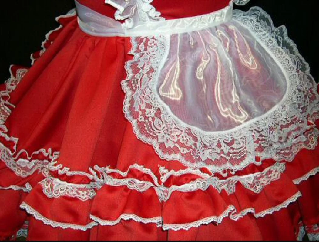 Атласное красно-белое кружевное платье в стиле &quotЛолита&quot с фиксацией костюм