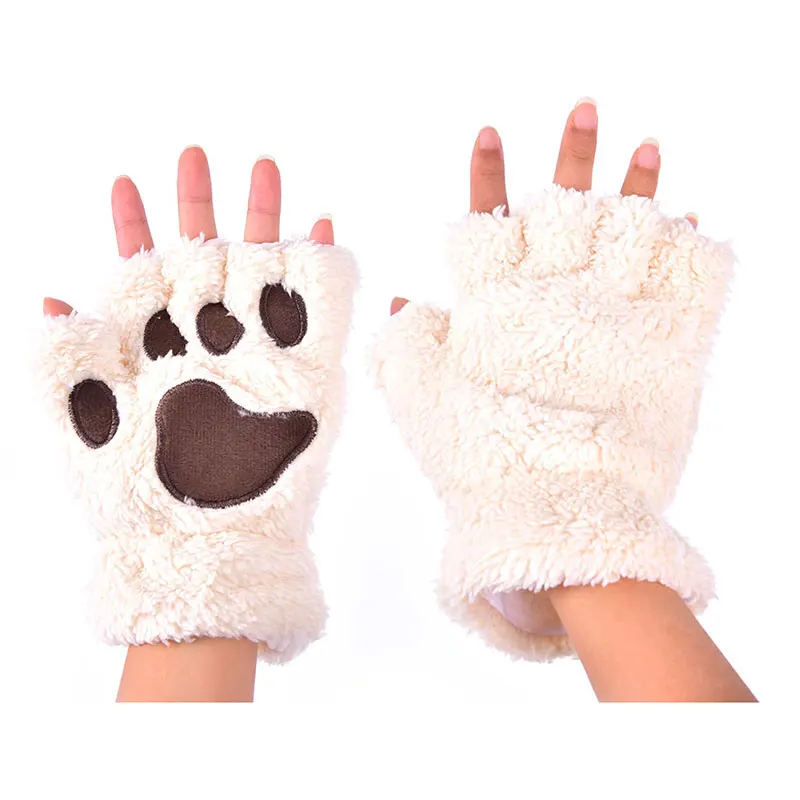 

Women Cute Cat Claw Paw Plush Mittens Warm Soft Plush Short Fingerless Fluffy Bear Cat Gloves Costume Half Finger Black Beige