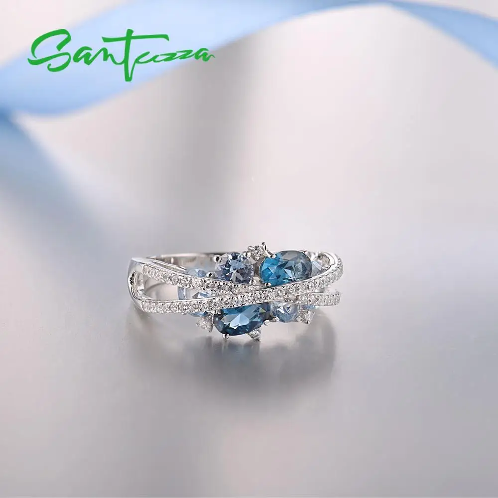 SANTUZZA, серебряные кольца для женщин, из натуральной 925 пробы, мерцающее серебро, синяя шпинель, кубический цирконий, модные роскошные ювелирные изделия