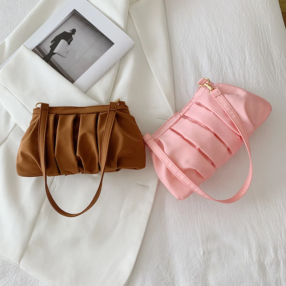 

Women Casual Bags Luxurious Messenger Bag Nylon Pure Color Pleated Shoulder Underarm Bag Fashion Purse Handbags
