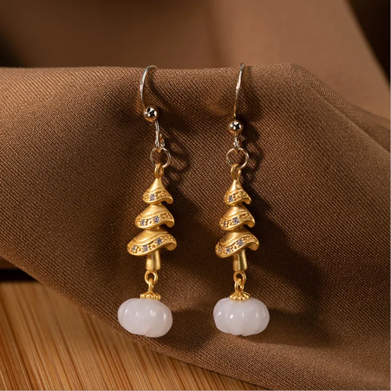 

Uglyless Gems Christmas Trees Pines Earrings for Women Natural Jade Pumpkin Earrings 925 Silver Xmas Gifts Crystals Jewelry Gold