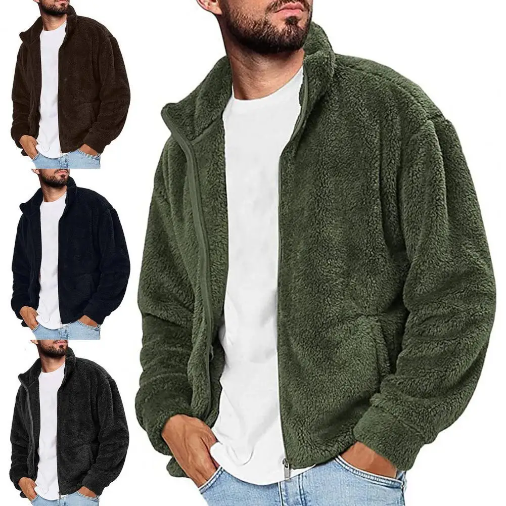 

Turtleneck Zipper Closure Fluffy Winter/Autumn Men's Jacket Double Sided Velvet Solid Color Pockets Men Jacket Coat Outerwear