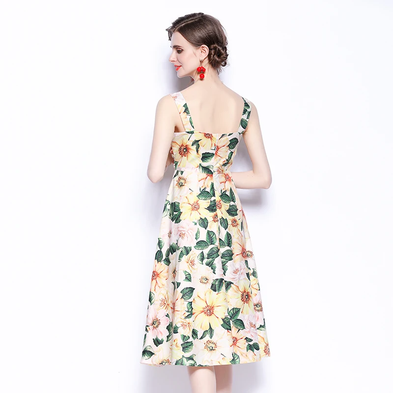 

2021 New Women Dresses Office Lady A-LINE Printing Mid-Calf Women Dresses Spaghetti Strap Vintage Elegant Party Summer Dresses