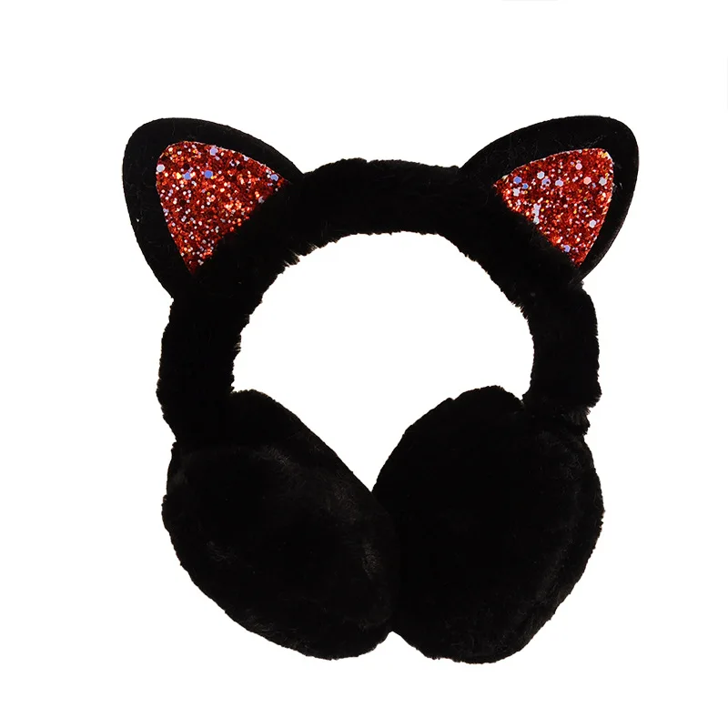 

Cute Cat Warm Earmuffs Winter Faux Fur Fluffy Ear muffs Headphones Headband Glitter Sequin Ear Warmer Accessories Headphones