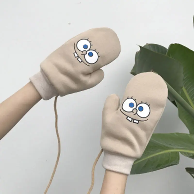 

Gloves Lady winter Korean version lovely with velvet and even finger cartoon hanging neck gloves student thick riding windproof