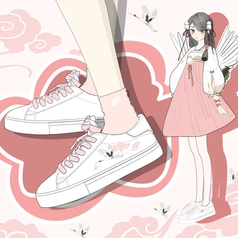 

Female Fashion Chinoiserie Crane Print Shoes Girls Students White Sneakers Women Comfortable Casual Pu Leather Vulcanized Shoes