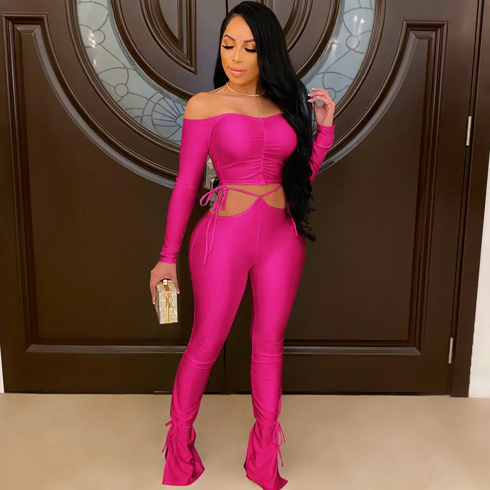 

Sexy Lace Up Hollow Out 2 Piece Set Women Off Shoulder Crop Top Flare Pants Matching Sets Bodycon Club Outfits Roupas Femininas
