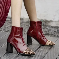 agodor women pointed toe ankle boots leopard boots patent leather square high heel boots women winter shoes fashion size 34 48