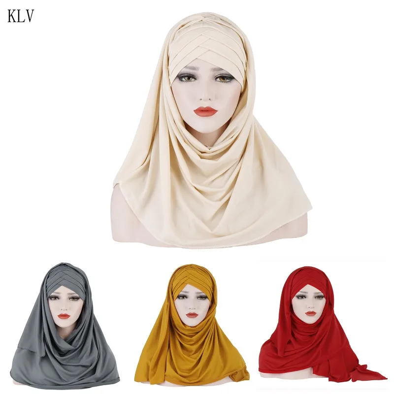 

Women Milk Filer Solid Color 2 In 1 Turban Hat Instant Scarf Malaysia Muslim Cross Pleated Hijab Cap Head Wrap Cover