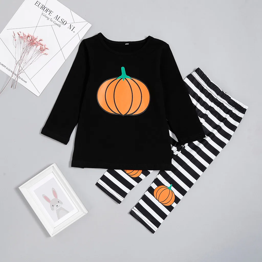 Топы с принтом тыквы на Хэллоуин для маленьких девочек + штаны в полоску теплые
