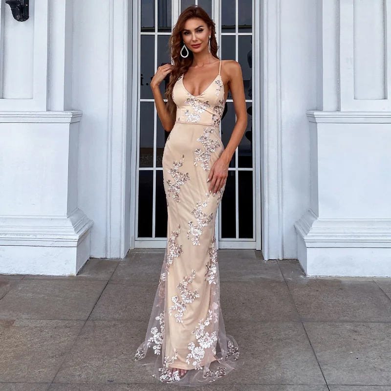 

Donsignet Sexy V-neck Sequins Evening Dress Women Slim Backless Bandage Sleeveless Sling Dresses for Women Party Dress for Women