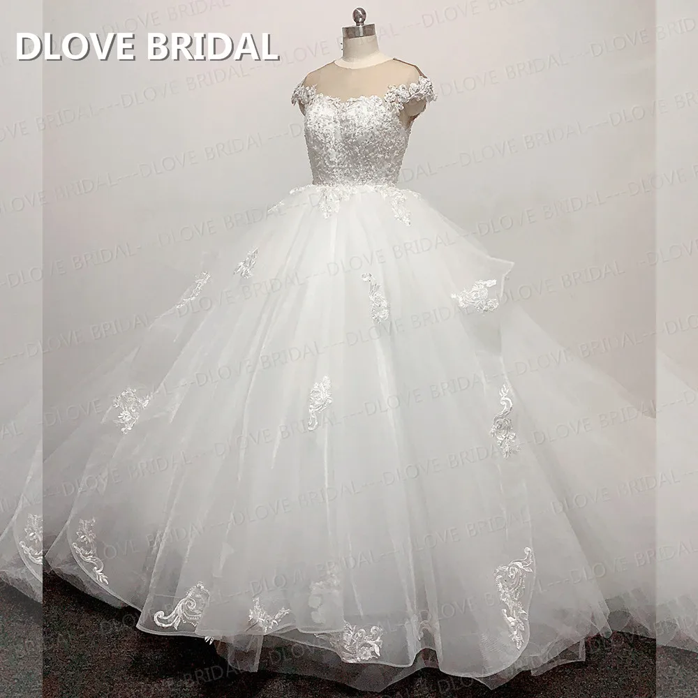 

Empire Illusion Wedding Dress Beaded Lace Short Sleeves Bridal Gown Factory Custom Made Vestido De Noiva Real Photos