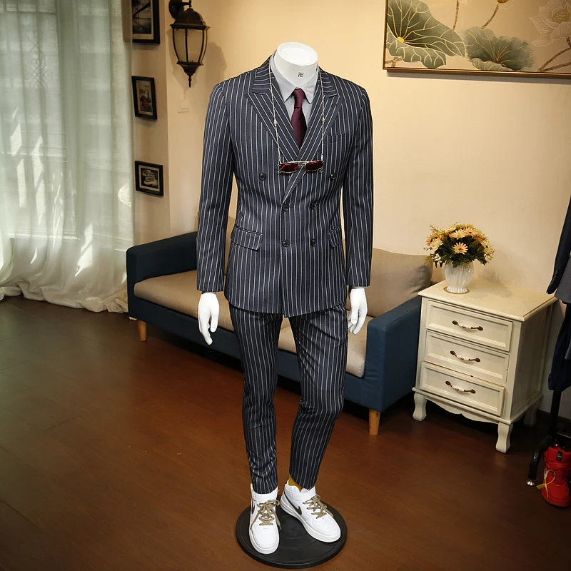 

XM geeki весенне-осенний деловой облегающий двубортный мужской костюм для жениха в полоску