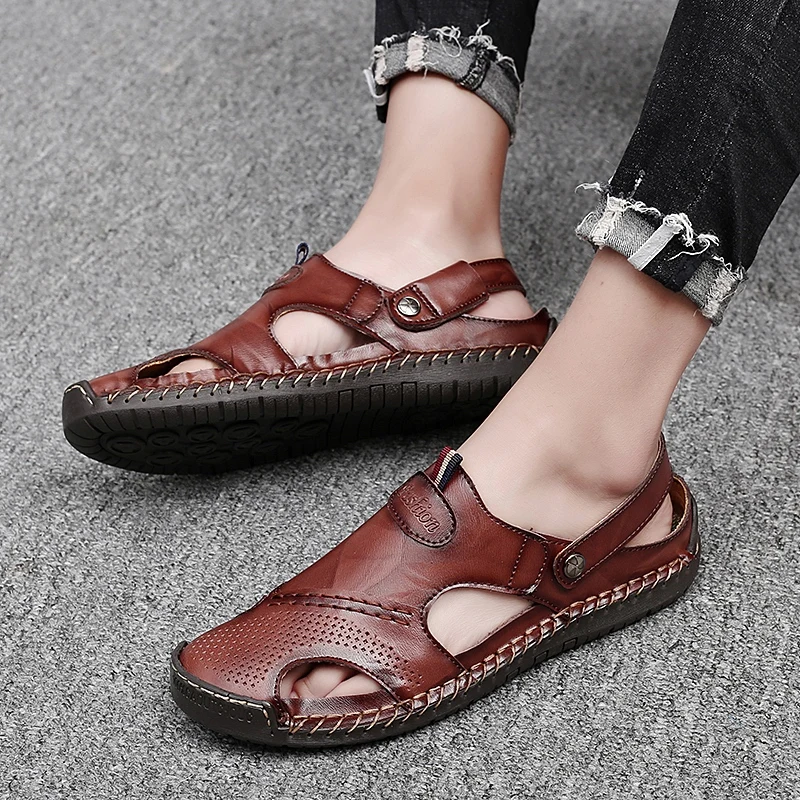 

Large size 38-48 Men Sandals 2020 Summer Casual Leather breathable Shoes Soft Comfortable Round Toe Slip On Leisure Sandals w5