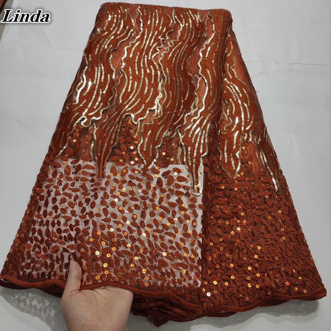 

Linda Latest African Lace Fabric 2021 High Quality French Lace With Sequins Nigerian Lace Fabrics For Wedding Dress