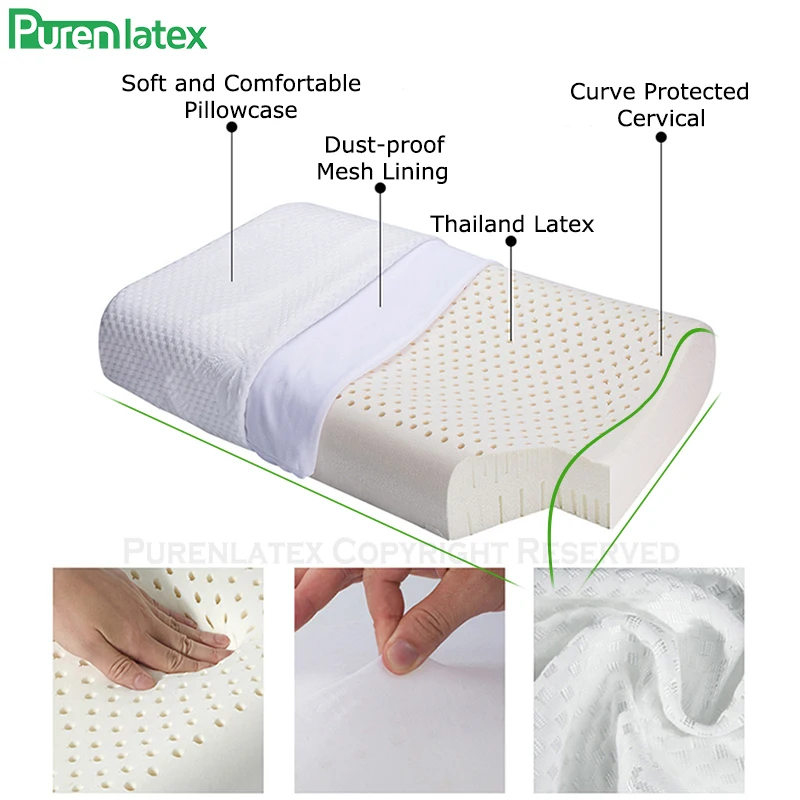 Подушка PurenLatex 50x30 из чистого тайского латекса ортопедическая для защиты