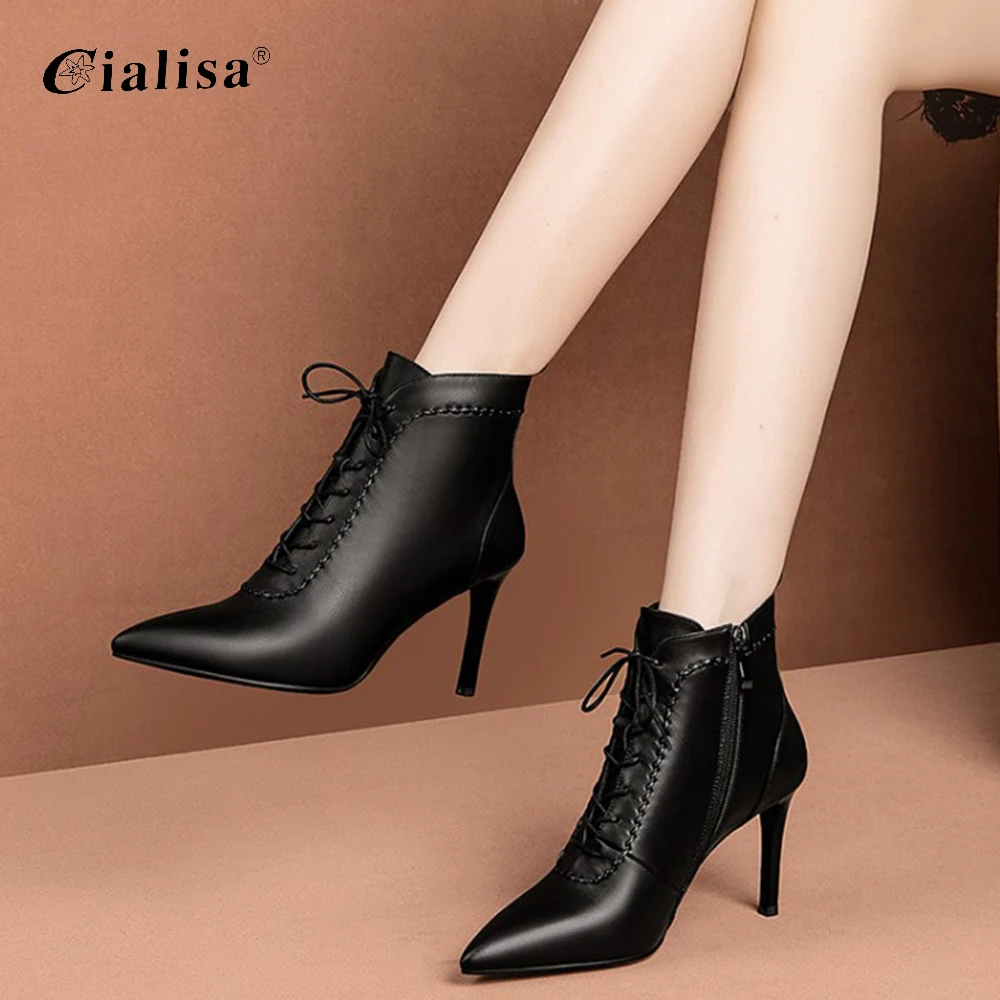 

CIALISA Boot High Heel Lace Up Genuine Leather Ladies Sexy Thin Heel 2020 Pointed Toe Shoes Zipper Popular Women Ankle Boot