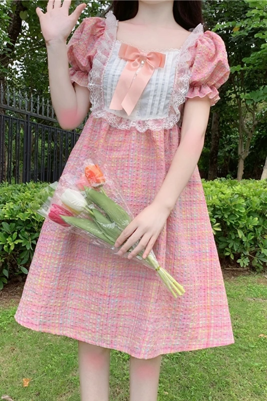 

Japanese Bow Lace Square Collar Puff Sleeve High Waist Slim Dress Women 2020 New Summer lolita dress fairy kei princess lolita