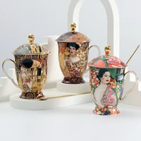 coffee mug with lid and spoon bone china antient klimt painting tea cups with lid luxury gift