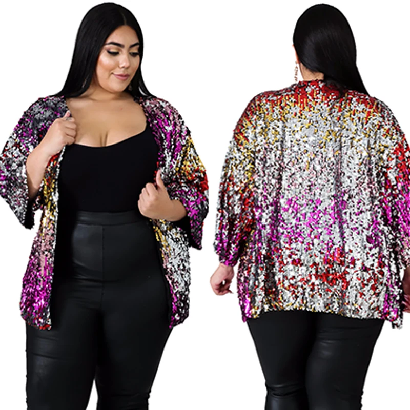Autumn Coats and Jackets Women V Neck Long Sleeve Sequin Cardigan Casual Jacket Loose Plus Size Wholesale Dropshipping | Женская одежда