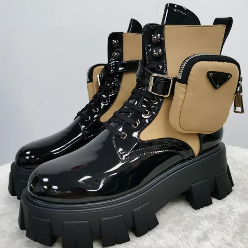 

New Fashion Lace-up Chunky Sole Round Toe Patent Leather Ankle Pocket Knight Boots Autumn Thick Heel Khaki Black Shoes for Women
