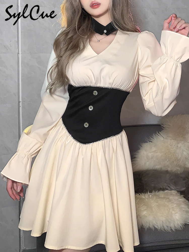 

Sylcue Stitching Contrast Color High Street Breathable And Comfortable Elastic Flared Sleeve Silm Women's Pleated Skirt Dress