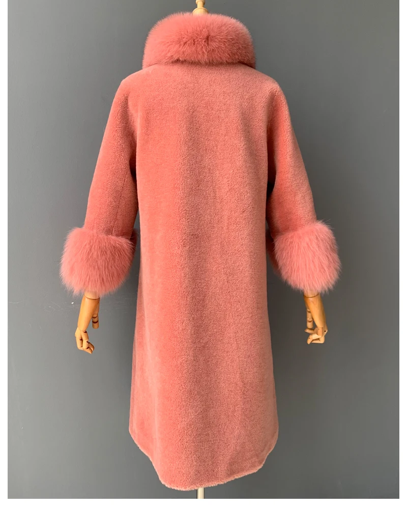 MAOMAOFUR/шерстяное пальто для женщин с натуральным лисьим меховым воротником и манжетами; теплая верхняя одежда для женщин; Новая модная длинная стильная куртка из натурального овечьего меха