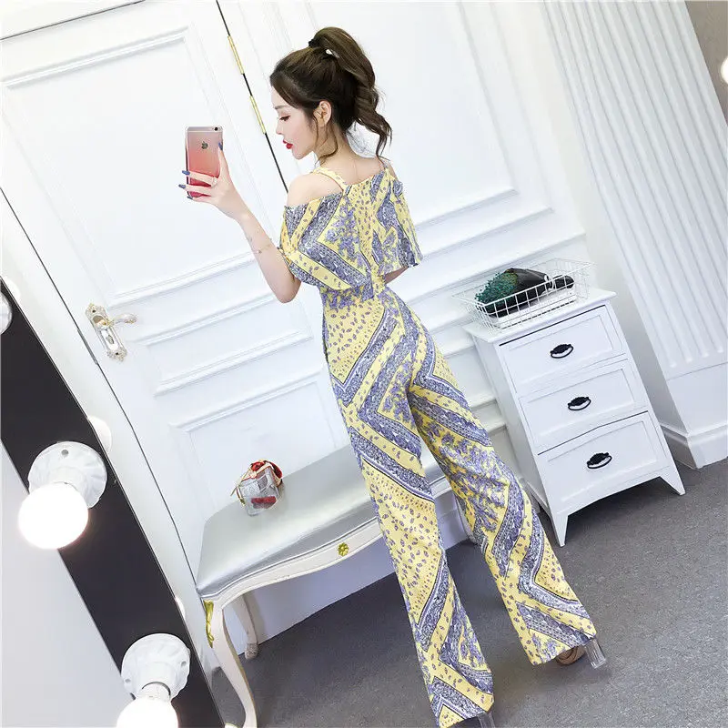 

Vintage Sexy Strapless V-neck Jumpsuit Women 2021 Summer Fashion High Waist Loose Printed Chiffon Wide Leg Pants Overal Y484