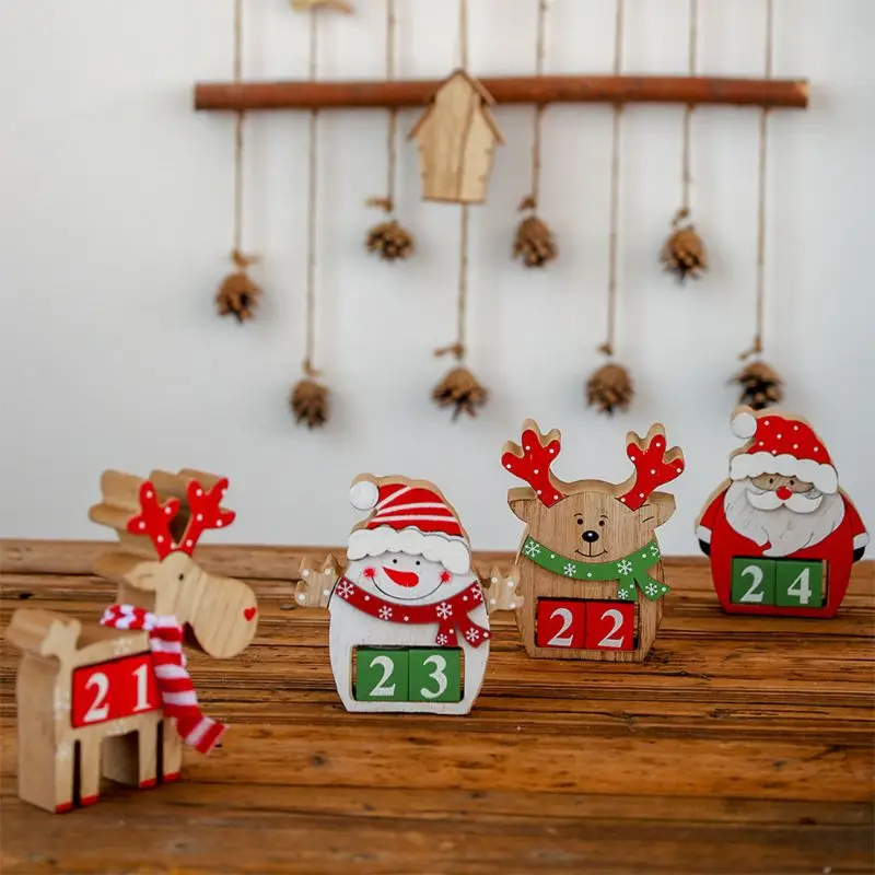 Деревянный Снеговик Санта Клаус Advent обратный отсчет календарь Настольный