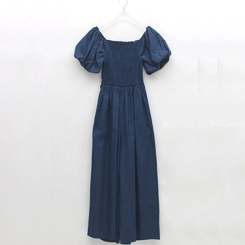 

Dark Blue Summer Playsuit Women Elastic High Waist Lantern Sleeve Wide Leg Pants Rompers Jumpsuit Plus Size Casual Elegant B149