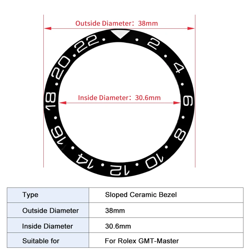 

Sloped Ceramic Bezel insert GMT style 38*30.6mm For RLX GMT-Master MOD watch parts (No Luminous)