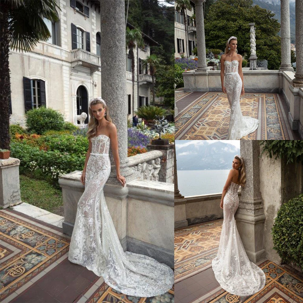 

Sexy Strapless Mermaid Wedding Dresses Whole Lace Sequined Applique Sleeveless Vestido De Noiva Custom Made Bridal Dress