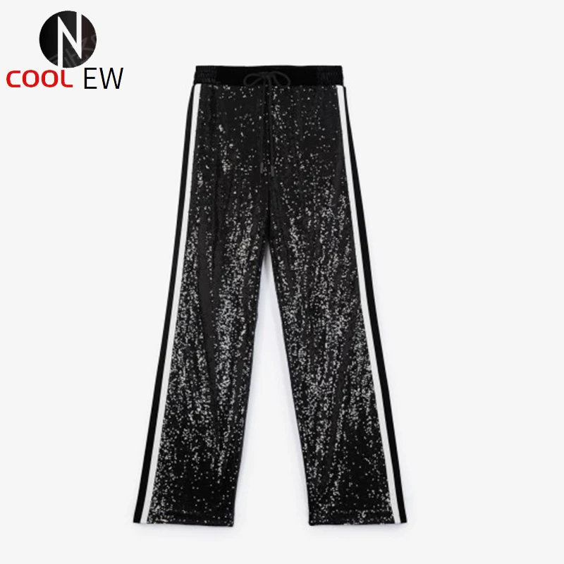 

Women Elastic Waist Contrast Striped Fashion Casual Long Pants Features With Sequins