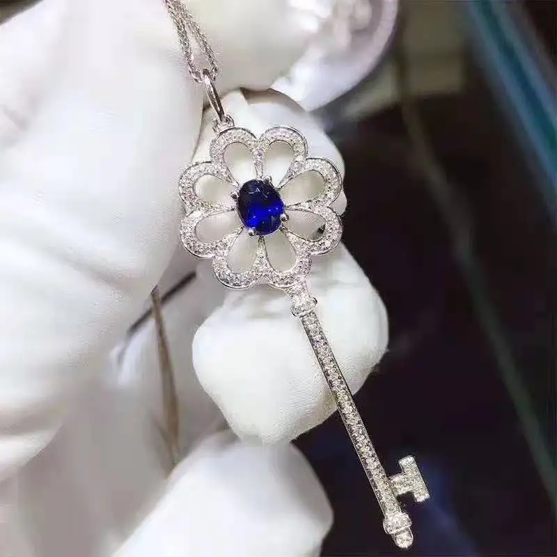 

Natural Sapphire S925 Sterling Silver Key Pendant Necklace Fine Fashion Jewelry For Women Free Shipping MeibaPJFS