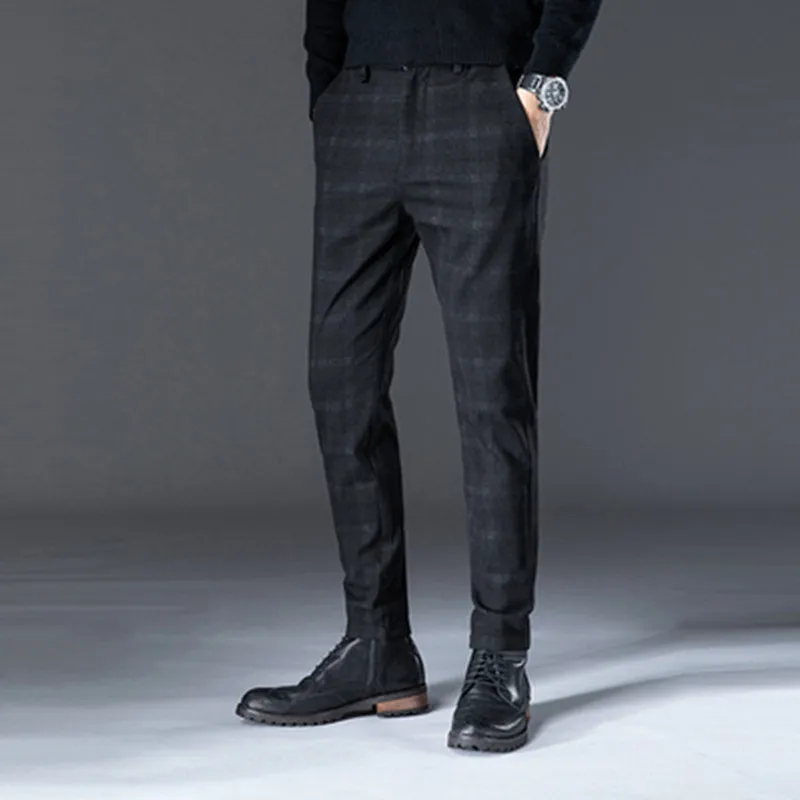 

2021 plaid Autumn Winter Men Suit Pants British Retro Office Formal Trousers Mid-high Waist Slim Casual Business Dress Pants 40
