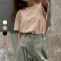 harajuku basic cotton t shirt women 2021 summer new style large size solid color casual loose top korean round neck womens top