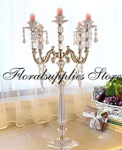 

New 5-arms Acrylic Candle Holders Gold Candelabra Centerpieces 77CM Tall Elegant Candlestick With Crystal Pendants Home Decor