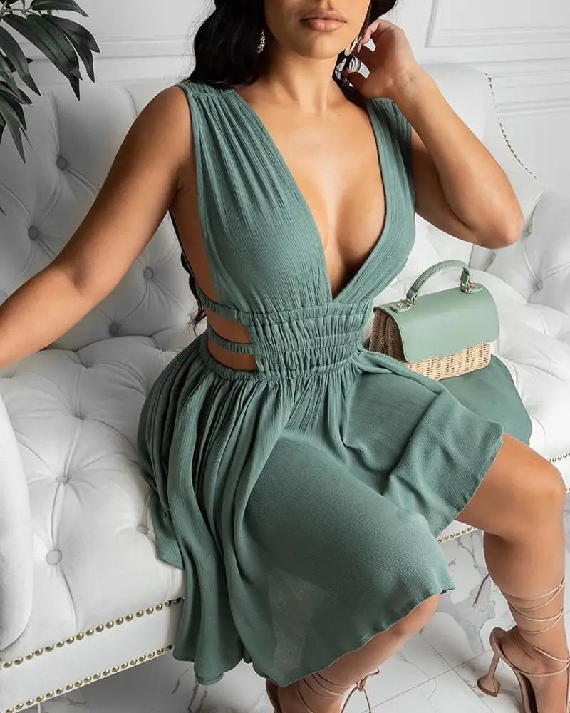 

2021 new style Women Fashion Elegant Sexy Deep V Slim Bodycon Sexy Party Plunge Cutout Ruched Backless Sleeveless Dress