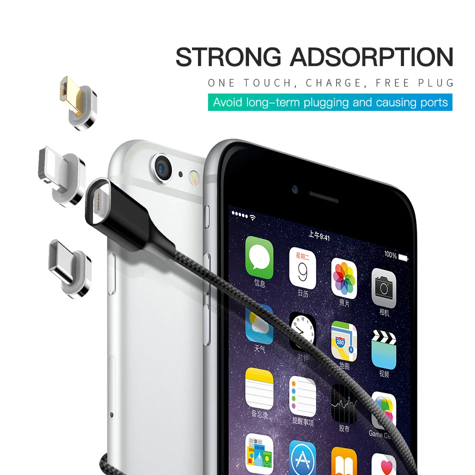 Магнитный светодиодный кабель 3A Micro USB Type C для быстрой зарядки и передачи данных