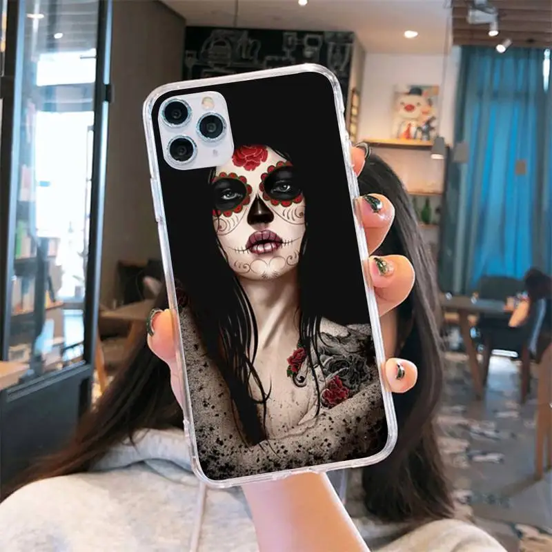 

Skull tattoo art girl horror Phone Case Transparent for iPhone 6 7 8 11 12 s mini pro X XS XR MAX Plus se cover funda shell