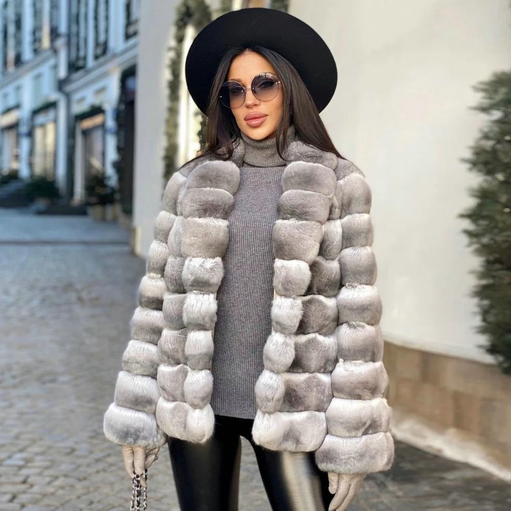 Women Natural Rex Rabbit Fur Jacket with Turn-down Collar Whole Skin Genuine Rabbit Fur Overcoat Luxury Woman Winter Fur Coats