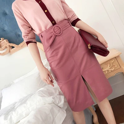 pink RYS9325 зимняя женская юбка из натуральной кожи 65 см, Женская юбка с поясом и кольцом, высокая талия, Faldas Mujer, разрез спереди, OL, сексуальная розовая юбка - Цвет: pink