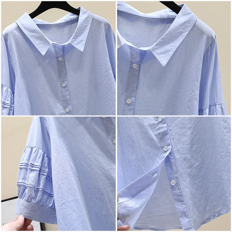 

2021 Spring Summer Blue Cotton Linen Female Shirt Short Sleeve New Korean Style Women Blouses Loose Casual Plaid Fashion Top