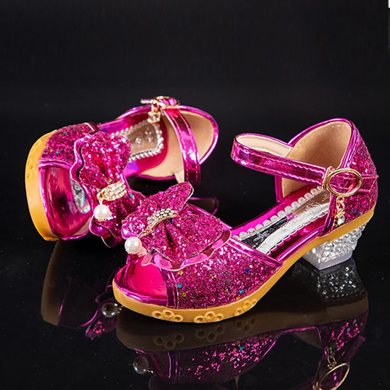 Zapatos de tacón alto para niños y niñas, sandalias informales con purpurina y lazo, para fiesta de baile de princesa, a la moda, Otoño, 2020